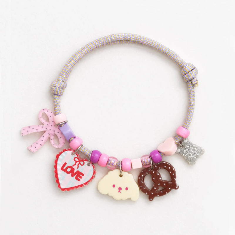 Lavender Pet Charm Necklace with LOVE heart, pretzel, pink bow, and cloud charms