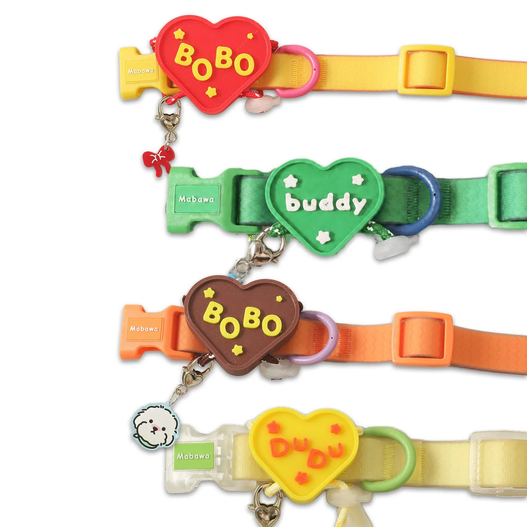 Custom Heart Pet Tags on Collars - Bobo Buddy and Dudu