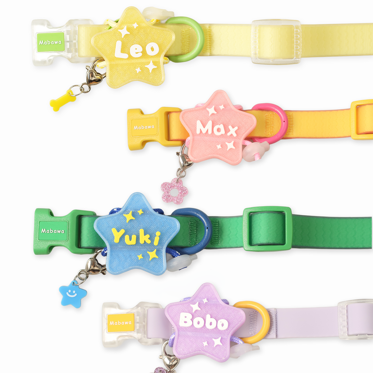 Custom Star Pet Tags with Collar Straps - Leo Max Yuki Bobo